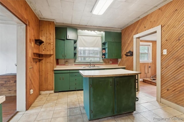 kitchen with sink, wood walls, and green cabinetry