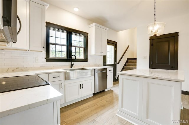 kitchen featuring sink, decorative light fixtures, appliances with stainless steel finishes, decorative backsplash, and white cabinets