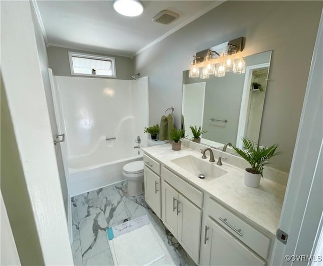 full bathroom featuring vanity, ornamental molding, toilet, and shower / bathing tub combination