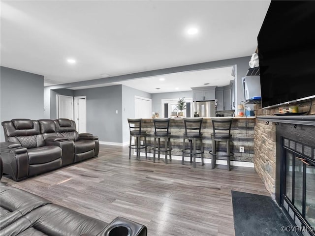 living room with a stone fireplace and wood-type flooring