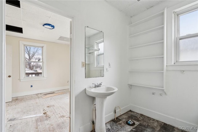 bathroom with a drop ceiling, sink, and wood-type flooring