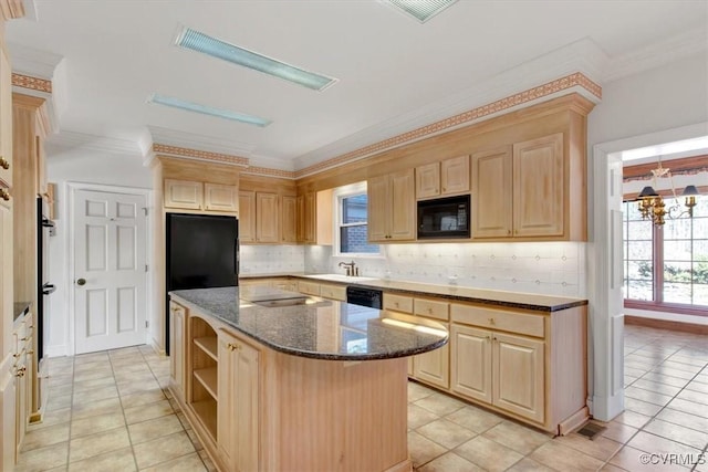 kitchen featuring tasteful backsplash, dark stone counters, a kitchen island, black appliances, and light brown cabinets