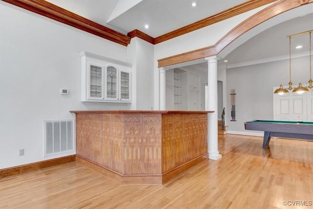 11701 Johnson Rd, South Prince George, VA 23805 - kitchen with light wood finished floors, ornamental molding, baseboards, ornate columns, and pool table