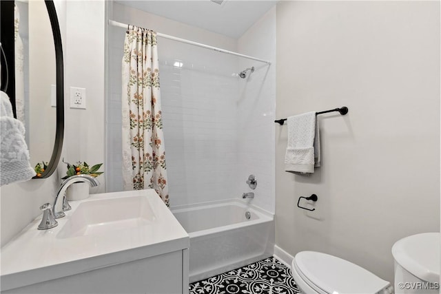 full bathroom with shower / bath combo, vanity, and toilet