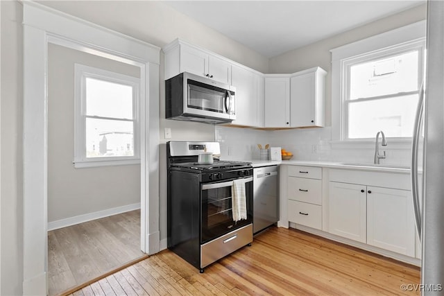 kitchen with sink, white cabinetry, light hardwood / wood-style flooring, stainless steel appliances, and decorative backsplash