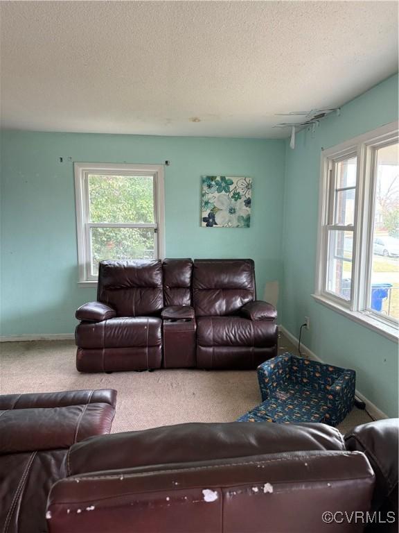 carpeted living room featuring a textured ceiling