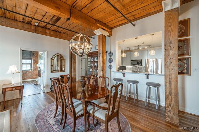 dining room featuring a notable chandelier, wood ceiling, dark wood-type flooring, and beamed ceiling