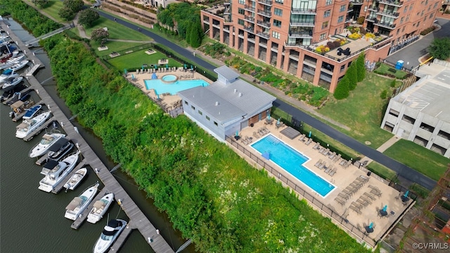 aerial view featuring a water view