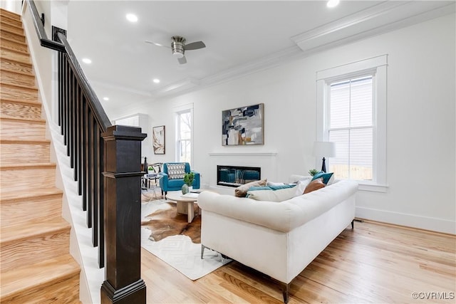 living room featuring crown molding, ceiling fan, and light wood-type flooring