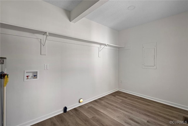 laundry area with dark hardwood / wood-style flooring, washer hookup, electric panel, and a textured ceiling