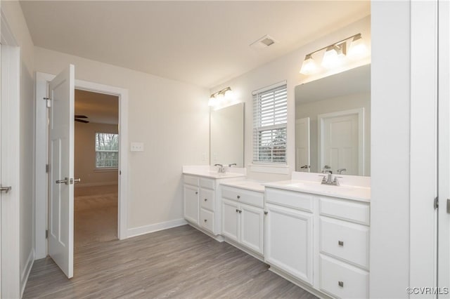 bathroom with vanity and hardwood / wood-style floors