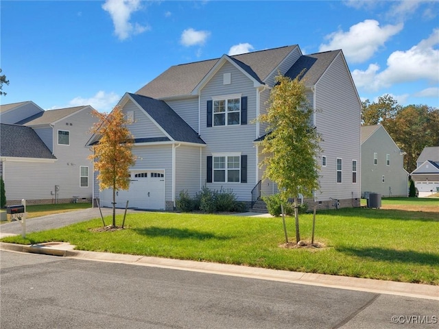 view of front facade with cooling unit, a garage, and a front lawn