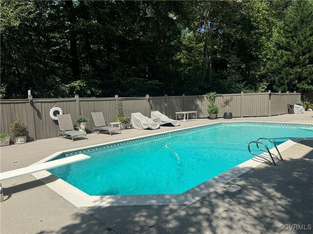 view of swimming pool with a patio area and a diving board