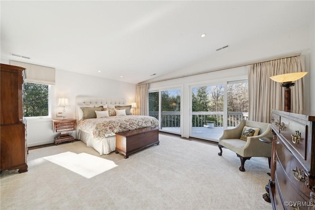 bedroom with access to exterior, multiple windows, visible vents, and light colored carpet