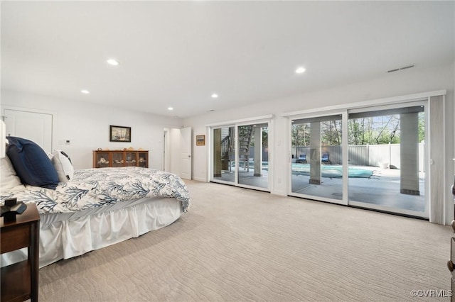 bedroom with light carpet, access to exterior, visible vents, and recessed lighting