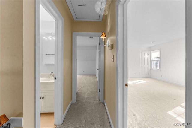 hallway with sink and light carpet