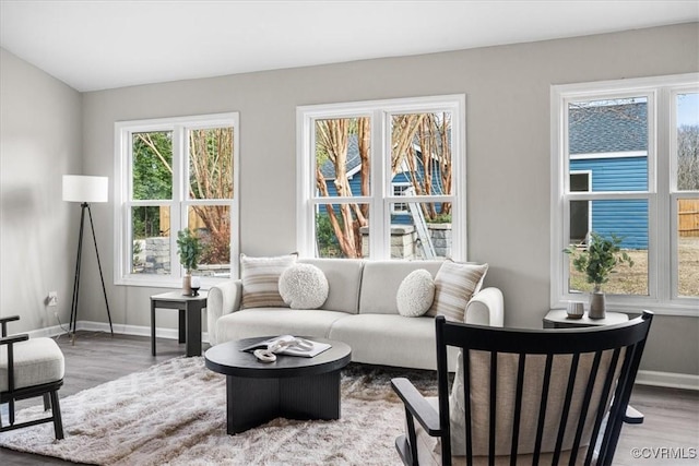 interior space with baseboards and wood finished floors