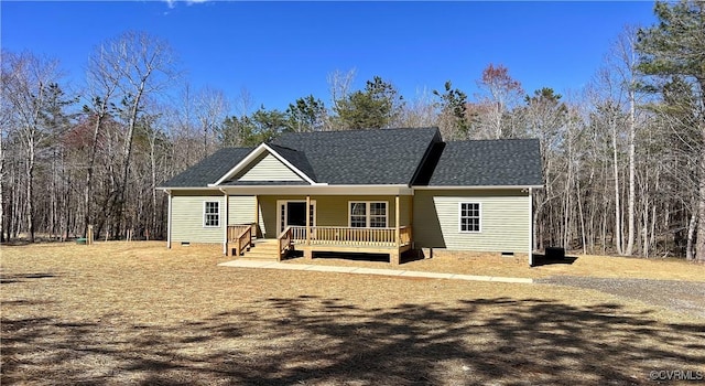 ranch-style home featuring crawl space and roof with shingles