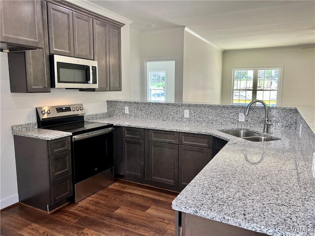 kitchen featuring a healthy amount of sunlight, dark wood-style flooring, a sink, light stone countertops, and appliances with stainless steel finishes