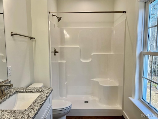 bathroom featuring toilet, a walk in shower, and vanity