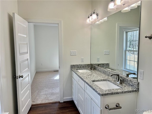 bathroom with baseboards, double vanity, a sink, and wood finished floors