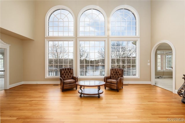 sitting room with a towering ceiling and light wood-type flooring