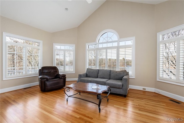 living room with high vaulted ceiling and light hardwood / wood-style floors