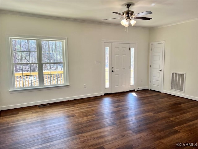 423 Bradshaw Rd, Rice, VA 23966 - entryway featuring a ceiling fan, ornamental molding, dark wood-type flooring, and visible vents
