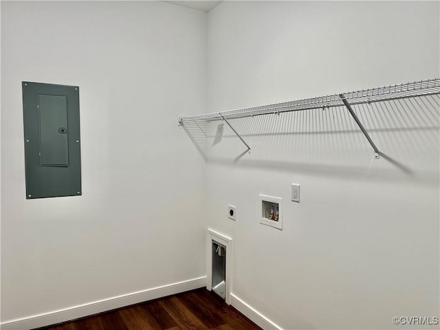 423 Bradshaw Rd, Rice, VA 23966 - washroom featuring electric panel, hookup for an electric dryer, dark wood-type flooring, laundry area, and washer hookup