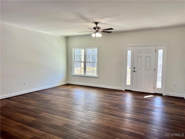 423 Bradshaw Rd, Rice, VA 23966 - foyer featuring dark wood-type flooring, ornamental molding, baseboards, and a ceiling fan