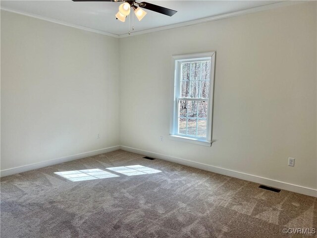 423 Bradshaw Rd, Rice, VA 23966 - empty room with carpet flooring, visible vents, baseboards, ornamental molding, and ceiling fan