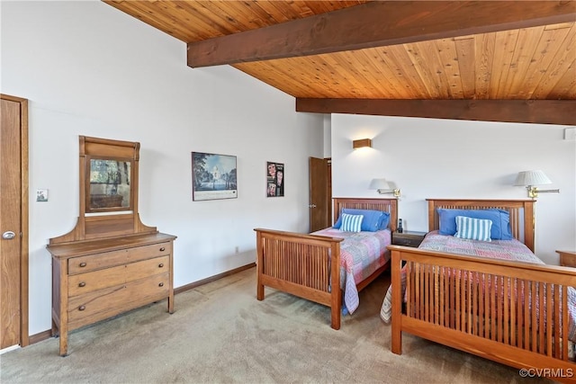 bedroom with lofted ceiling with beams, light carpet, and wooden ceiling