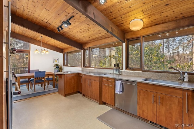 kitchen with a healthy amount of sunlight, sink, hanging light fixtures, and dishwasher