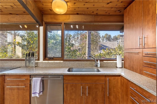 kitchen with sink, wood ceiling, light stone countertops, and dishwasher