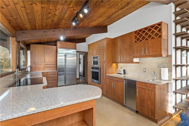 kitchen with sink, backsplash, stainless steel appliances, wooden ceiling, and kitchen peninsula