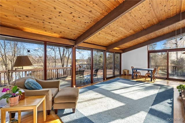 sunroom featuring vaulted ceiling with beams and wood ceiling