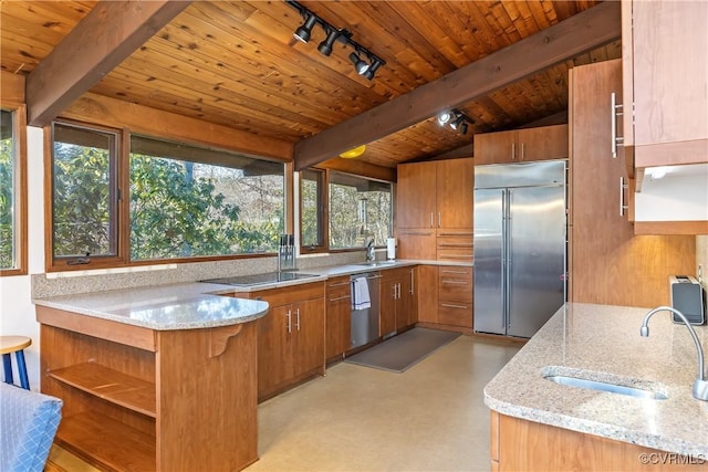 kitchen with stainless steel appliances, sink, wooden ceiling, and light stone counters