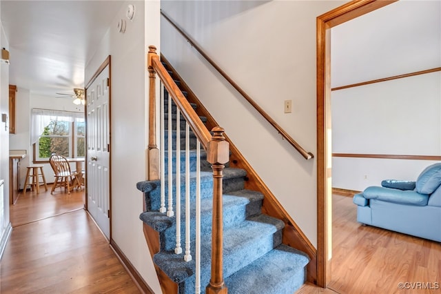 staircase with hardwood / wood-style floors and ceiling fan