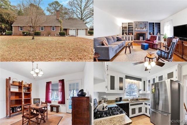 kitchen featuring a brick fireplace, stainless steel fridge, white cabinets, pendant lighting, and stove