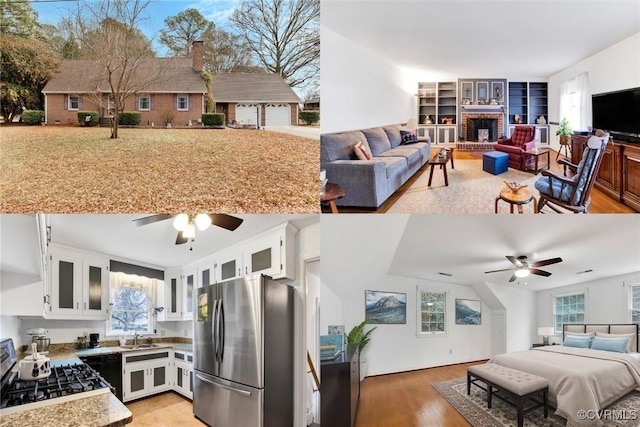 1270 Riverview Dr, West Point, VA 23181 - kitchen with freestanding refrigerator, open floor plan, a ceiling fan, and range with gas cooktop