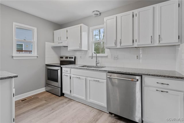 kitchen featuring white cabinetry, sink, dark stone counters, and appliances with stainless steel finishes