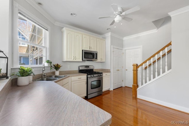 kitchen featuring crown molding, appliances with stainless steel finishes, sink, and wood-type flooring