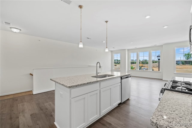 3817 Maze Runner Dr, Midlothian, VA 23112 - kitchen with decorative light fixtures, dishwasher, an island with sink, sink, and white cabinets