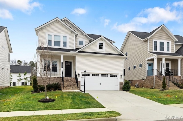 craftsman inspired home with a garage, a front lawn, and covered porch