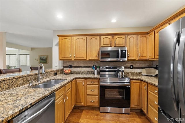 kitchen featuring tasteful backsplash, stainless steel appliances, light stone countertops, and sink