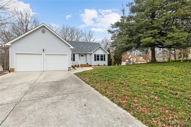 single story home with a garage and a front yard