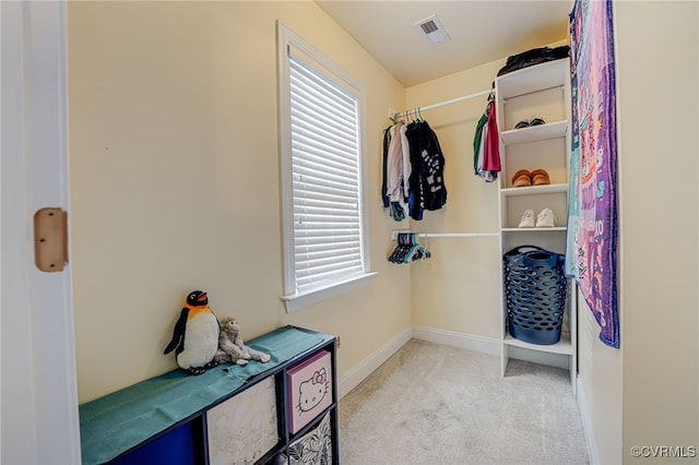 walk in closet with light carpet