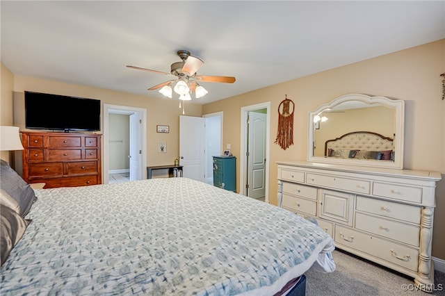 bedroom with light carpet and ceiling fan