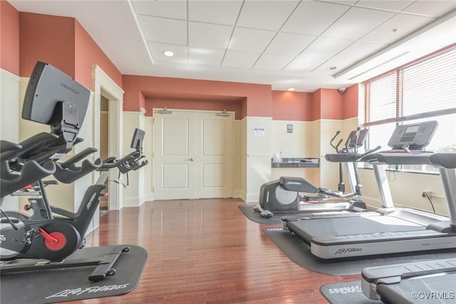 exercise room with hardwood / wood-style flooring and a paneled ceiling