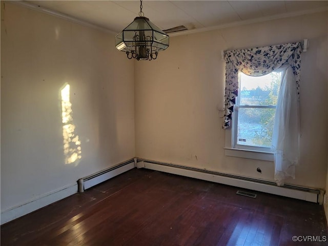 unfurnished dining area with crown molding, a chandelier, and dark wood-type flooring